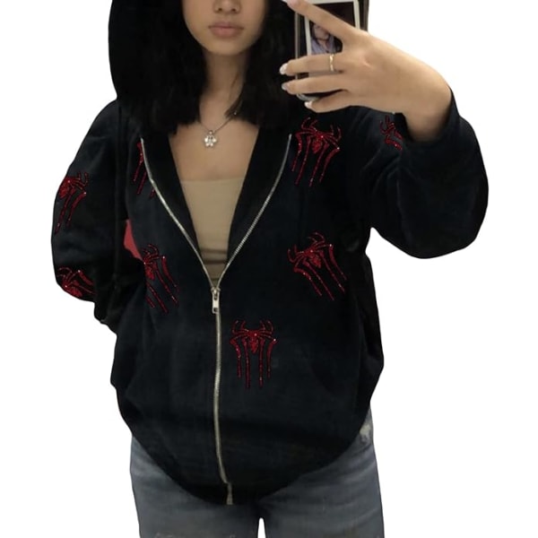 Women Full Zip Up Hoodie Halloween Long Sleeve Graphic Jacket Goth Sweatshirt Girl Streetwear（Size：L）