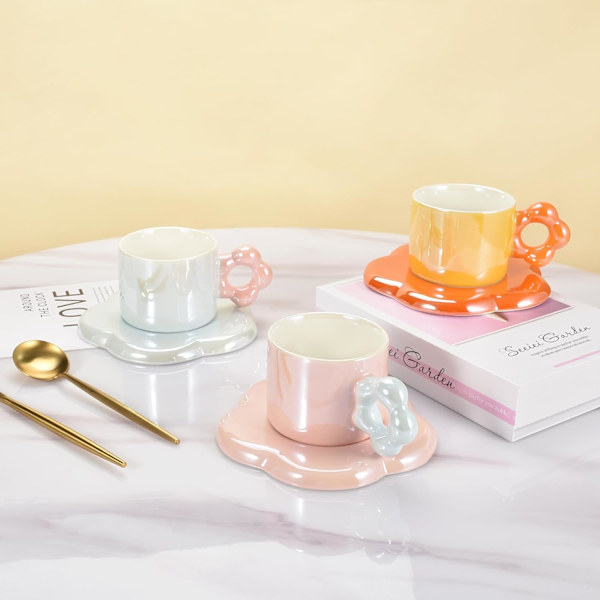 Keramisk kaffekop og underkop sæt, cappuccino espresso demitasse sød blomst form krus underkop, 10oz perfekt til mælkete latte havregryn (perle orange)