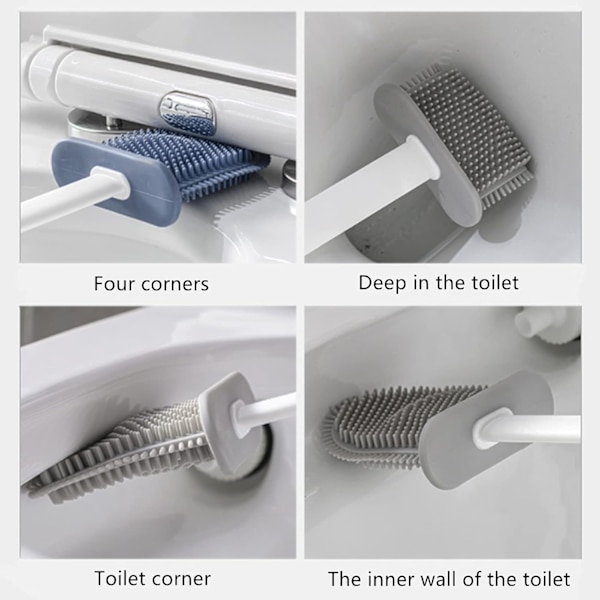 2 stk. toiletsæt med børste og holder, vægmonteret toiletstik, skridsikker langskaftet bløde silikonebørster, nem at rengøre toilethjørner (Lysegrå)
