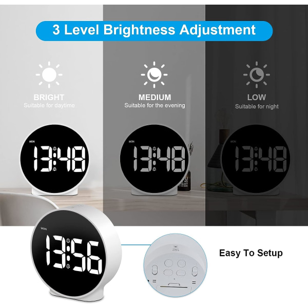 Liten digital vekkerklokke LED skrivebord reise elektronisk klokke dobbel alarm slumre dimbar dag sett 12/24H ukevisning 4 tommer