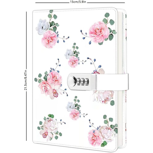 A5 Kreativt lösenordslås Journal PU Läder Kombinationslås Dagbok, 220 Sidor Digital Dagbok för Flickor (Rosa Blomma)