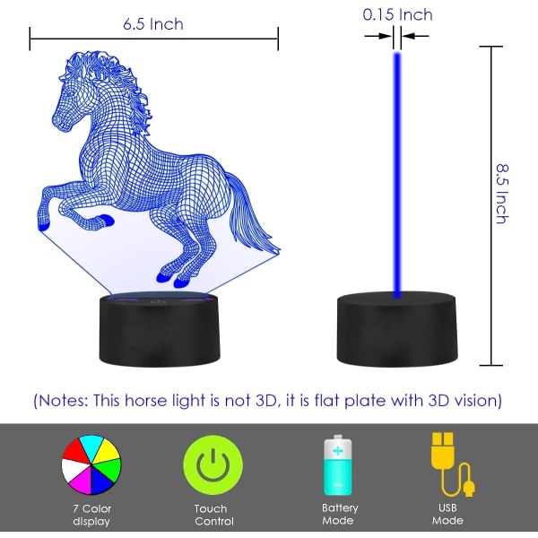 [ 7 farger/3 arbeidsmoduser/timer ] Fjernkontroll og berøringskontroll 3D illusjonshest nattlys, dimbar LED hestelampe, USB/batteridrevet