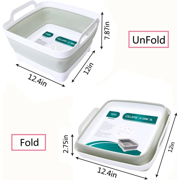 9L hopfällbar diskbalja Bärbar för att diska, hopfällbar tvättbalja, tvättställ med avloppsplugg för diskbänk, camping
