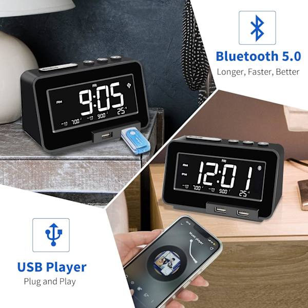 K5 Bluetooth-väckarklockradio, USB-spelare, steglös dimmer, dubbla separata larm med helgläge, sömntimer, USB C-laddare, batteribackup