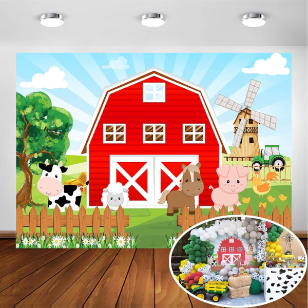 Farm Red Barn Backdrop for Kids Party Cartoon Farm Animals Birthday Party Photography Background Party Cake Table Photobooth Decorations (7x5ft)