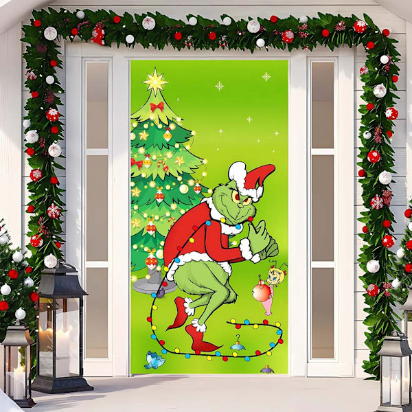 Juledeksel for dør, Merry Grinchmas-skrift, skilt for veranda, vinter, nyttår, jul, juledekorasjoner og -rekvisita til hjemmet og fest