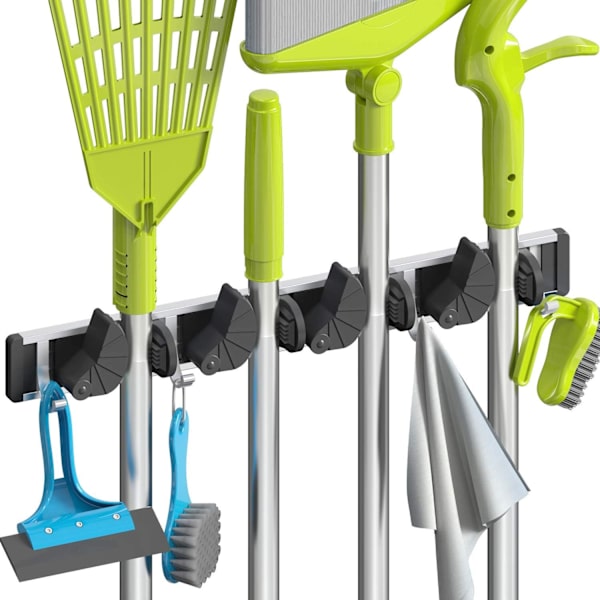 Mop og kost holder vægmontering metal pantry organisering og opbevaring have køkken værktøj (4 positioner med 4 kroge, sort)