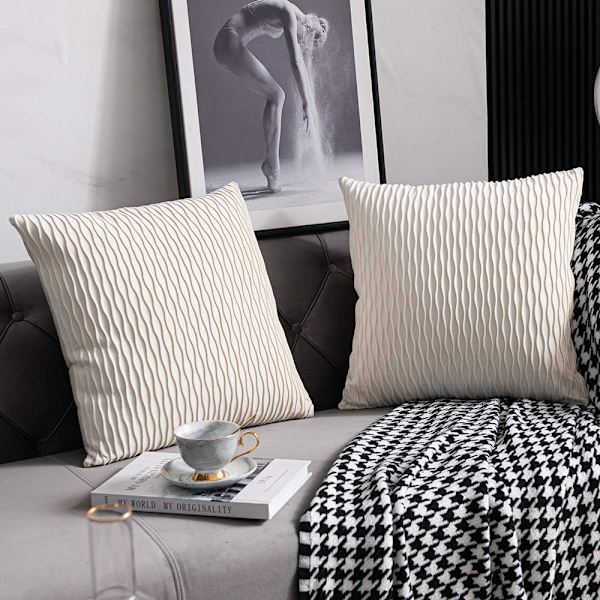 Elfenbensvita Soffa Kuddfodral: 2-pack 18x18 tum Original Randig Sammet Kvadratiska Kuddfodral för lantlig Heminredning