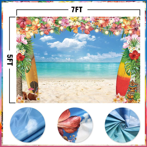 7x5ft Stof Sommer Hawaii Strand Baggrund til Fotografering Tropisk Blomst Luau Fest Dekorationer Blå Himmel Hav Blade Baggrund Fotoshoot