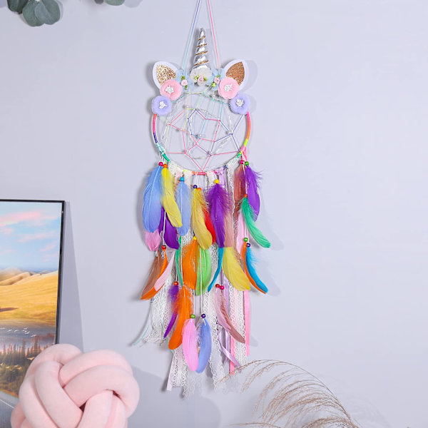 Enhörningsdrömfångare med färgglad LED-lampa för flickor och pojkar, sovrumsväggdekoration, hängande prydnad, festivalgåva (färgglad)