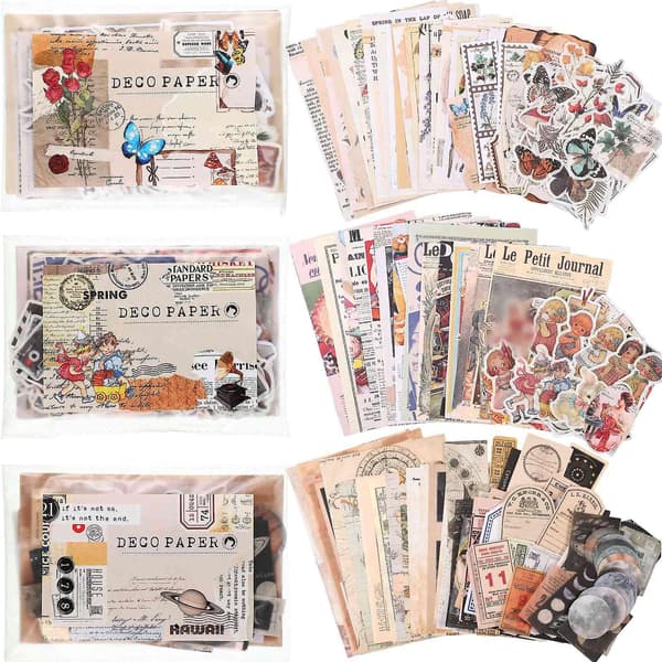 600 kpl vintage-tarroja, lehtipaperia, leikekirjapaperia
