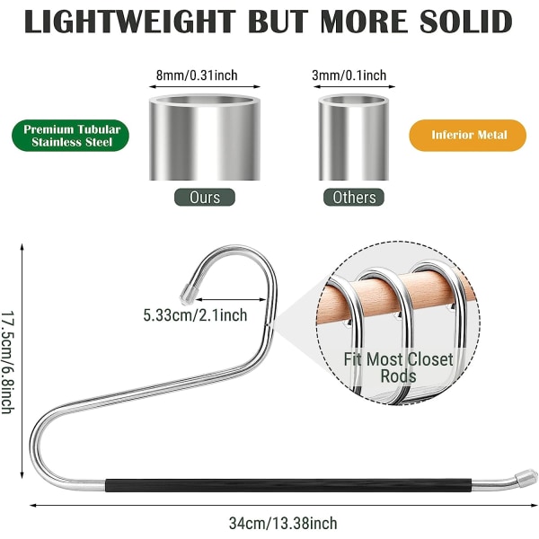 Öppna byxhängare i rostfritt stål - 10-pack byxhängare i rostfritt stål, 8 mm tjocka, mångsidiga halkfria hängare för tunga byxor, jeans, byxor.