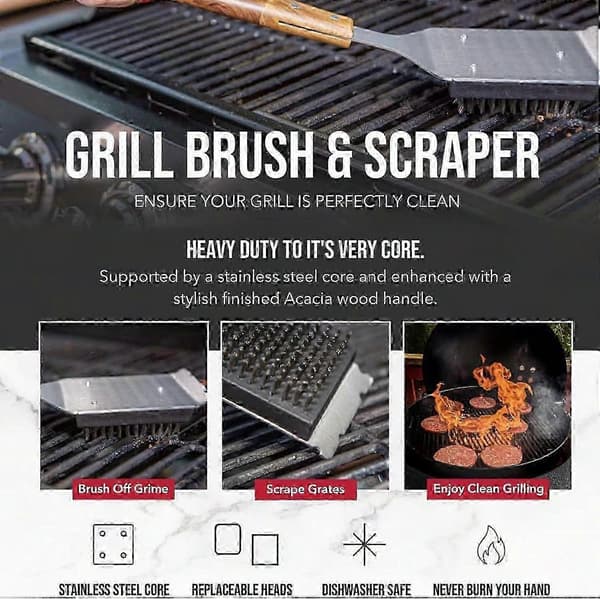 Kraftig grillborste med trippla skrubbhuvuden för grillunderhåll Ref:3127