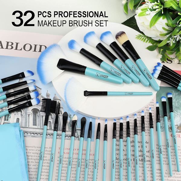 Sminkborstar, VANDER Professionellt 32-delars sminkborstset, sminkborstar set foundation blending kosmetisk borste set kit, blå