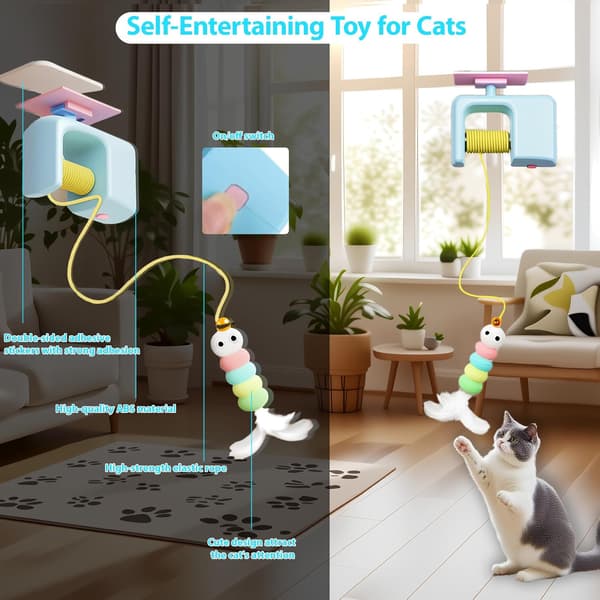 Automatic Door Hanging Cat Toy with Feathers & Bell, Self-Retracting Interactive Toy for Bored Indoor Cats & Kittens