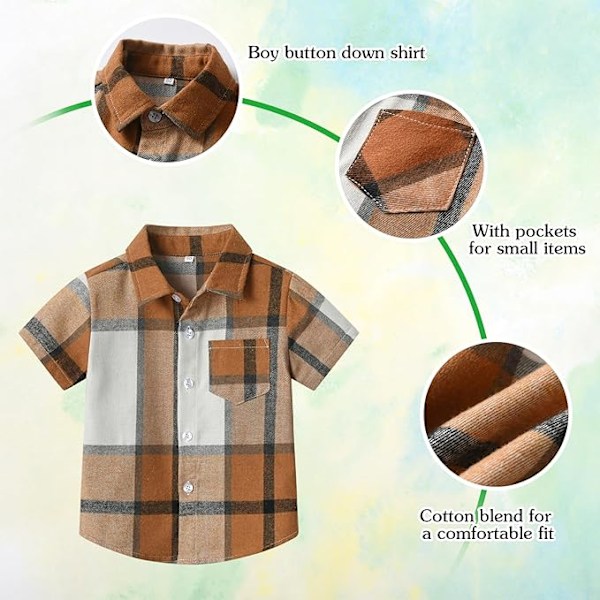 Rutete skjorte med korte ermer for gutter, barneskjorter med knapper, rutete sommerklær for 1-8 år Light Brown 7-8Y