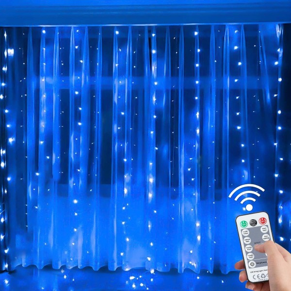 300 LED inomhusvarma färger Fairy Curtain Lights 9,8x9,8FT ljusslinga, USB -driven 8 ljuslägen, inomhus med fjärrkontroll för festdekoration (blå)