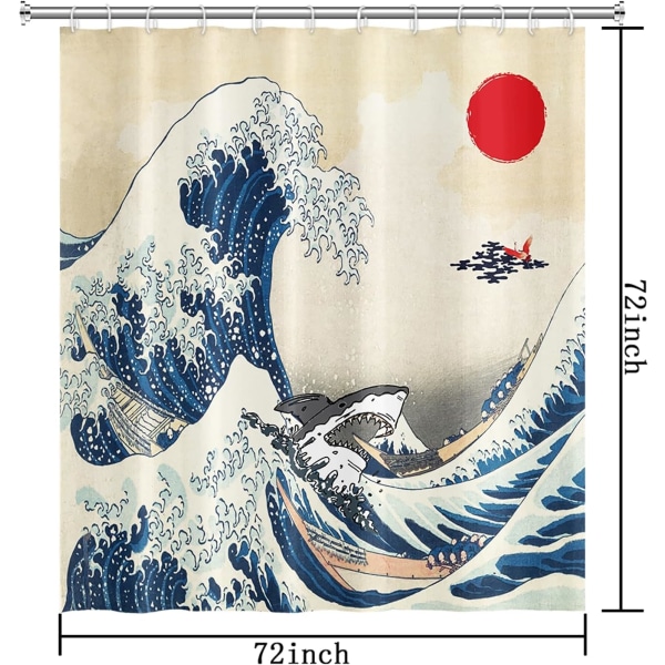 Ocean Cool Shark Red Sun Crane Asian Anime Dusj Gardiner 72 x 72 Tommer Hokusai Estetisk Herre Bad Dekor Gardiner Vanntett Stoff