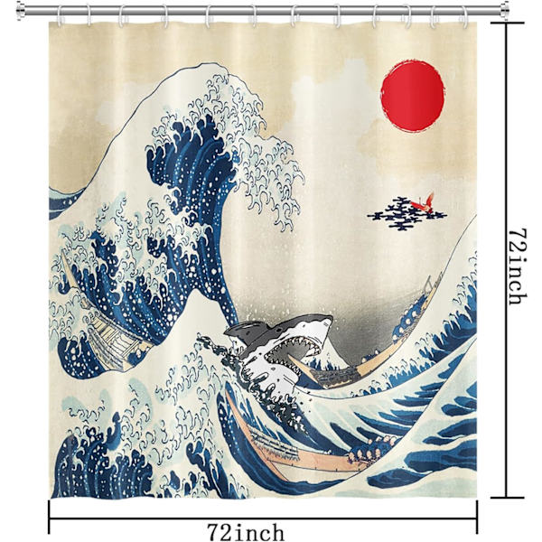 Ocean Cool Shark Red Sun Crane Asiatisk Anime Duschdraperier 72 x 72 Tum Hokusai Estetisk Herr Badrumsdekor Gardiner Vattentätt Tyg
