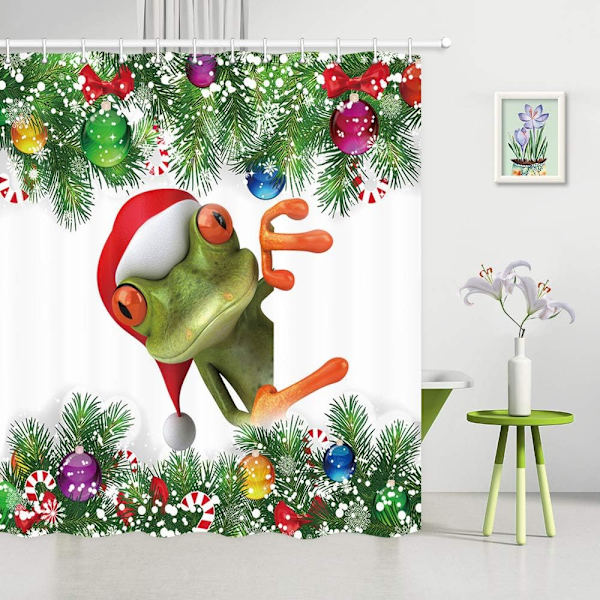 Glædelig Jul Bruseforhæng Sød Frø i Julehat, Farverige Julekugler Hvid Snefnug Dekoration Fyrretræ, Juleferie, 69X70 Tommer