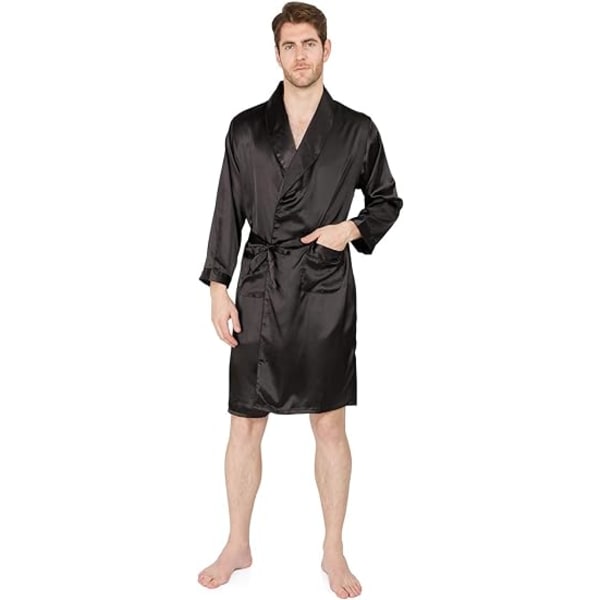 Lyxig sommarkimono för män i mjuk satinrock med shorts Nattlinne Långärmad pyjamas med printed badrockar (svart, 2XL) Black 2XL