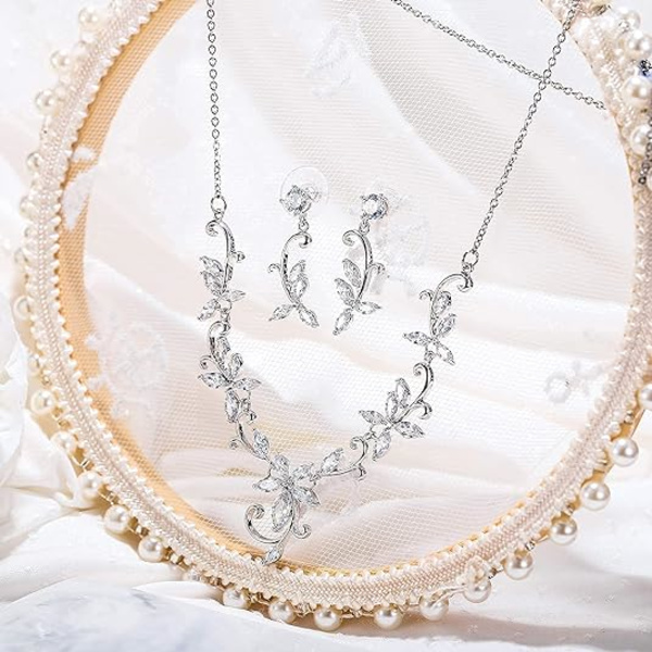 Blomsterblad Bröllop Smyckesset för Brud Brudtärna, Cubic Zirconia Tåardrop Elegant Vinranka Halsband Hängande Örhängen för Bröllop Bal Fest