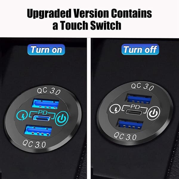 3.0 PD3.0 Trippel USB-biloplader 12V 24V 60W USB-C Multioplader med strømafbryder til båd, lastbil, autocamper