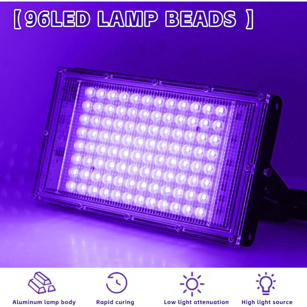 LED Sort Lys Floodlight, 100W UV Sort Lys Lampe med Stik, 96 Sort Lys LED'er med Afbryder, IP65 Vandafvisende UV Floodlight Forlygte [Energiklasse A] 100W