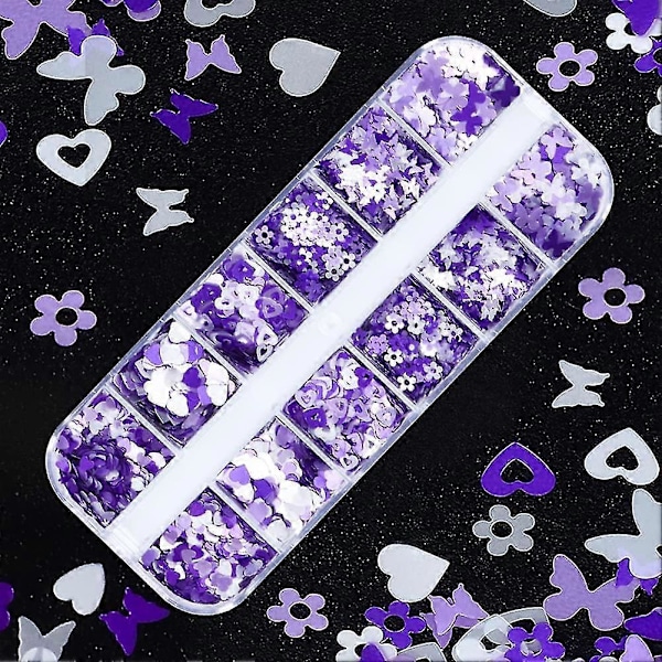 Ystävänpäivän kynsitaidetarrat, violetti glitter-tarra-setti rakkaussydän kynsipaljetit holografiset laser-sydän kimalteet koristeet romanttiseen