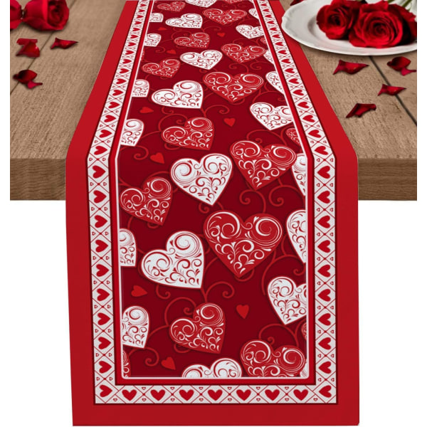 Mode Buffalo Plaid Love Hearts Valentine's Day Table Runner, Seasonal Kitchen Dining Table Decoration for Indoor Home Party 13x72 Inch