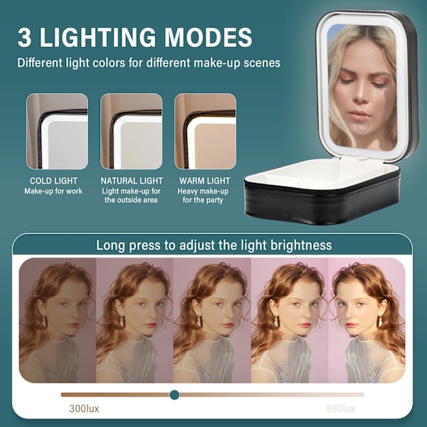 Lys Spejl Makeupboks, Kosmetik Opbevaringspose med LED Spejl | Bærbar Makeuppose - 3 Farver Med Lys Makeuppose, Rejse Makeuppose White