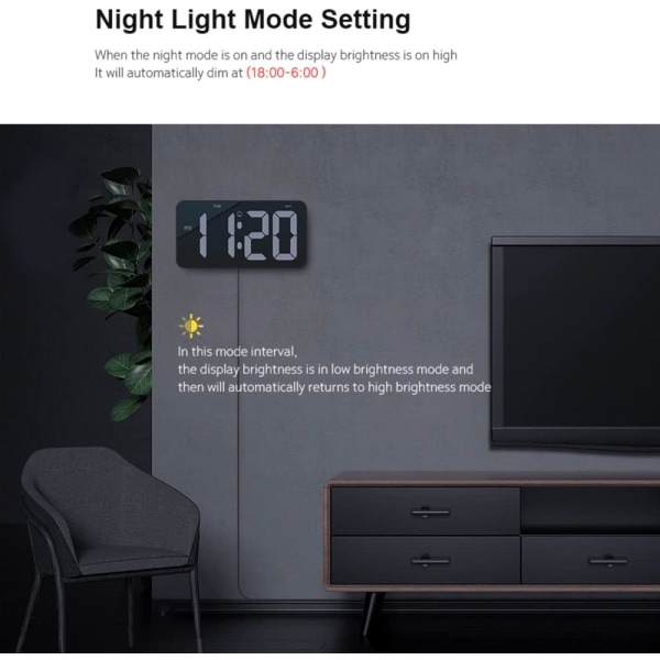 11,6\" Stor LED-väggklocka med 4,1\" stora tydliga siffror, larm, tidsminne, automatisk dimning, 12/24 timmar, sommartid, tyst - perfekt svart