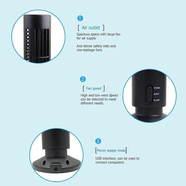 Tornfläkt Bladlös Design med Justerbart Luftflöde, USB-kylning för Kontor Sovrum Skrivbord Vit
