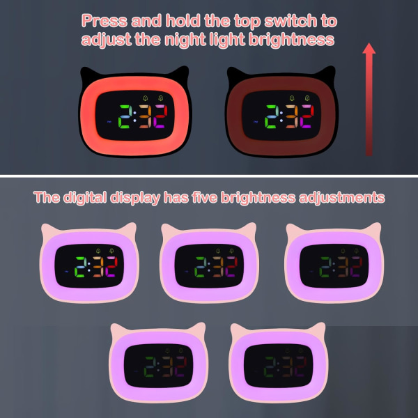 Belyst børnevækkeur til teenagere piger drenge RGB 8 skiftende farver, 18 ringetoner, to alarmer, 12/24 timers snooze-tilstande pink