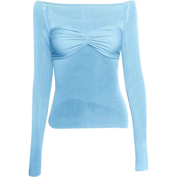 Långärmad tröja dam Basic Crop Top Fashion 2024 Baslager Stretchy Slim Fitted Y2K Tops Mesh Sheer Tshirt (blå, M) blue M