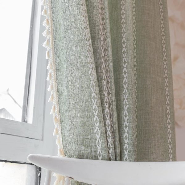 Bohemske gardiner broderte stripete lin gardiner 84 tommer lange 2 stykker soverom ( B 132,08 cm x L 160,02 cm, grågrønn)