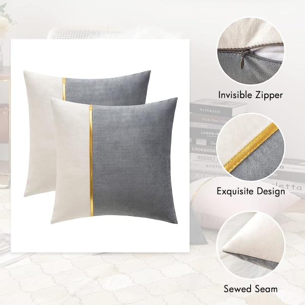 En pakke med 2 dekorative pyntepuder i velour, guld læder firkantede bløde ensfarvede pudebetræk, sofa pudebetræk 18 X 18 tommer grå