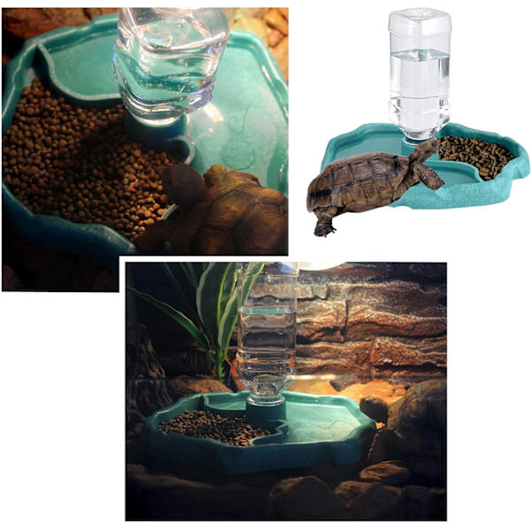 Reptilvannsdispenser, 2 i 1 anti-overflow skålmatdispenser, plastskål for skilpaddeøgle - blå