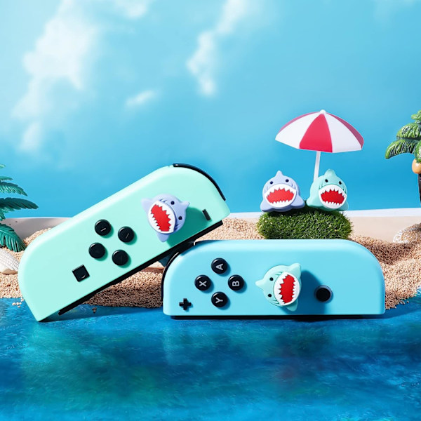 Tumgreppskåpor för Nintendo Switch, söta joystick-skydd med 3D-mönster, mjukt och bedårande silikonanalogt 4-delars kit för Switch/OLED/Lite, söt haj