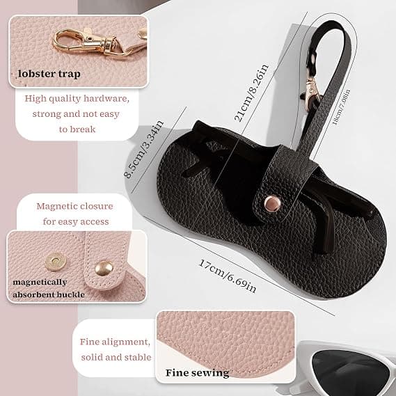 Portable Soft Leather Sunglasses Case with Keychain Hook, Lightweight, Slim, Metal Snap Closure