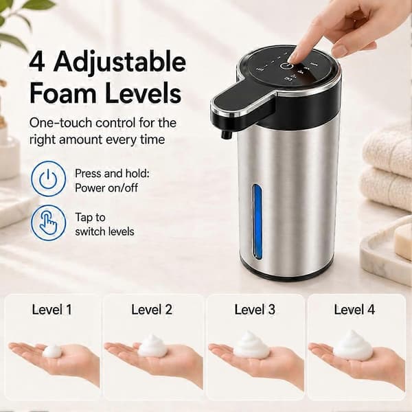 Automatisk skummende såpedispenser berøringsfri, 304 rustfritt stål håndsåpedispenser, USB oppladbar, 400 ml (13,5 oz)