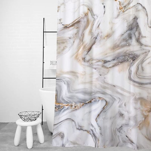 Dusjforheng 180x180cm Muggsoppbestandig Vanntett Marmor Baderomsforheng Vaskbart Badeforheng med 12 Kroker 180 x 180 CM