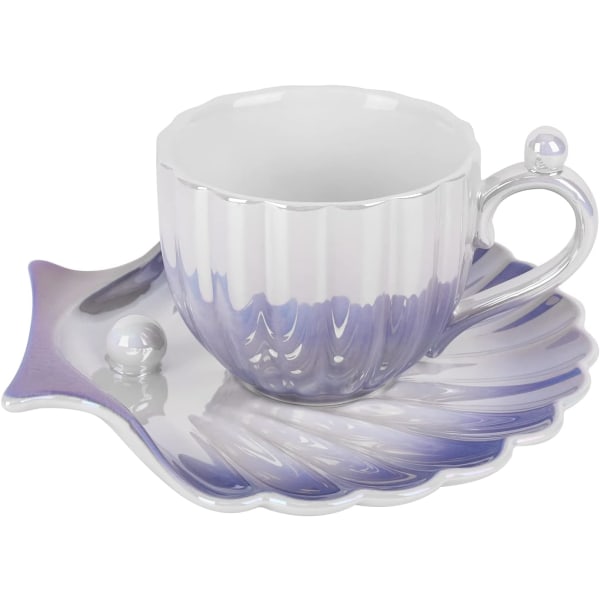 Keramisk kaffemugg med fat, Creative Pearl Shell Cup, söta kaffemuggar för kontor och hem, 6,5 oz/200 ml för Tea Latte Milk (Gradient Purple)