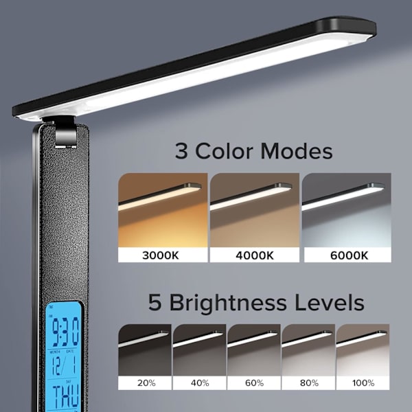 LED-skrivebordslampe med trådløs oplader, USB-opladningsport, justerbar foldbar bordlampe med ur, alarm, dato, temperatur, 5-trins dæmpbar