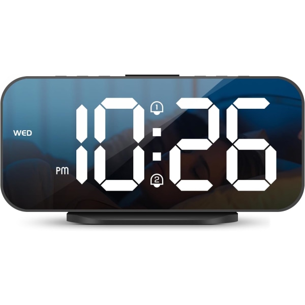 Digital väckarklocka med dubbla larm, spegel LED-väckarklockor i sovrummet, justerbar ljusstyrka 2 USB portar för mobiltelefonladdning, 12/24 timmars display