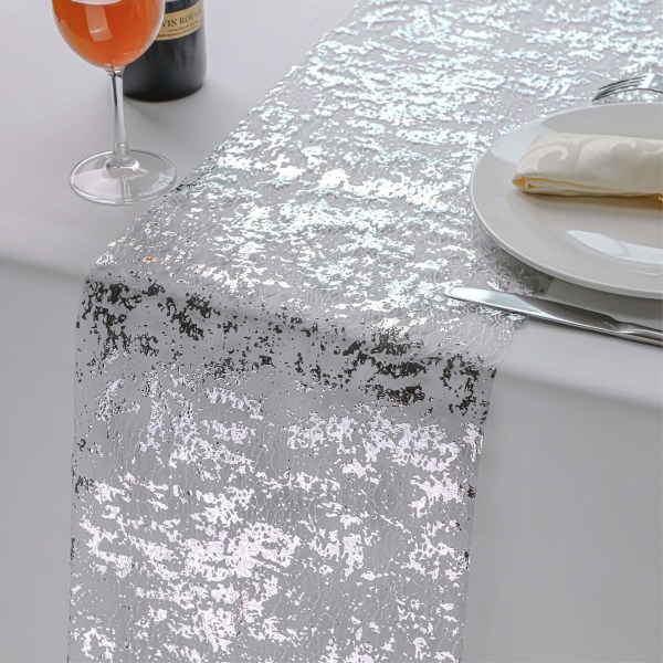 Sølv Bordløper, Sequin Glitter Folie Metallisk Sølv Tynn Mesh Bordløper Rull 11\"x108\", Sølv Borddekorasjoner