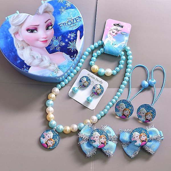 2# Blåt dobbelt is-sæt med æske Frozen Princess halskæde armbånd hårtilbehør sæt børns kærlighed opbevaringsboks gave