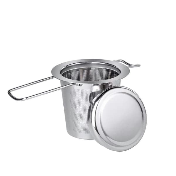 Tekannefilter i 304 rustfritt stål, tefilter for krus, tekannefilter, tesil med lokk, tetilbehør, universelle infuserer, sammenleggbart håndtak