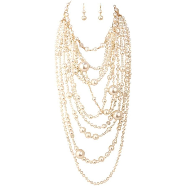 Flerskiktat halsband med konstgjorda pärlor, flapperpärlor, långt chokerhalsband