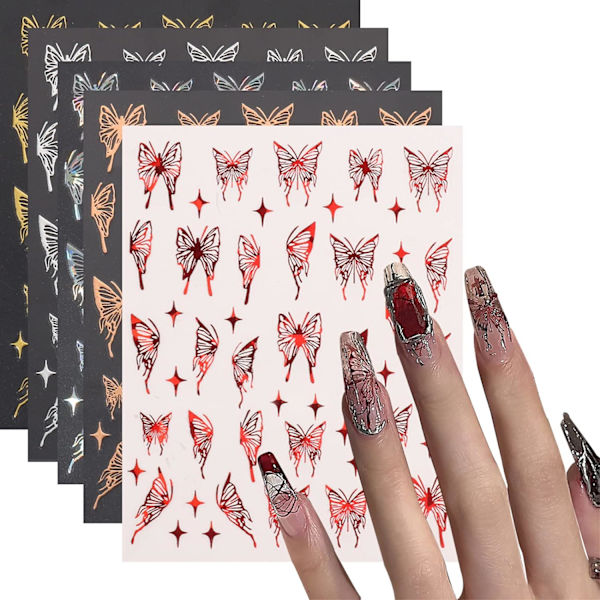 Flytande fjärilsnagelstickers för nagelkonsttillbehör, självhäftande nagelkonststickers med färgglada lasermetalliska mönster 3D-dekaler